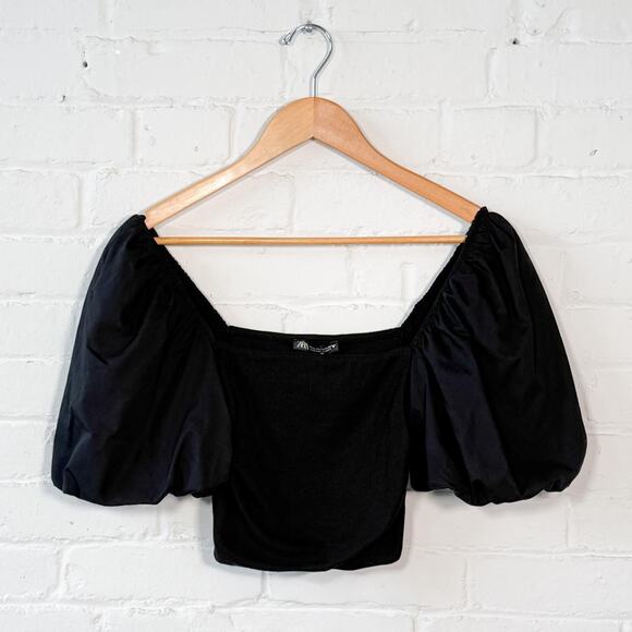 Zara Puff Sleeve Stretchy Ribbed Crop Top - Picture 1 of 4
